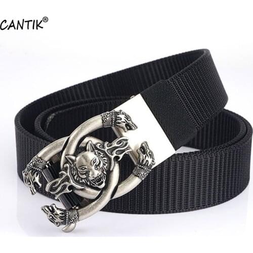 CANTIK Quality Nylon & Canvas Belts for Men Clothing Accessories Unique Design Wolf Head Pattern Automatic Buckle Metal CBCA267