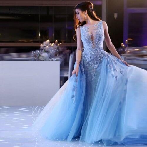 Princess Sky Blue 3D Flower Long Evening Dresses With Detachable Train Lace Beaded Mermaid Prom Gowns Tutu Formal Dresses 2021