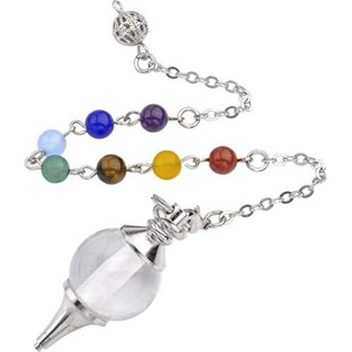 FYJS Unique Silver Plated Natural Rock Crystall with Reiki Chakra Chain Round Pendant Pendulum for Scrying Jewelry