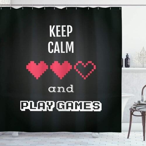 Gamer Shower Curtain, Motivational Keep Calm Words with Videogame Theme Background, Cloth Fabric Bathroom Decor Set with Hooks