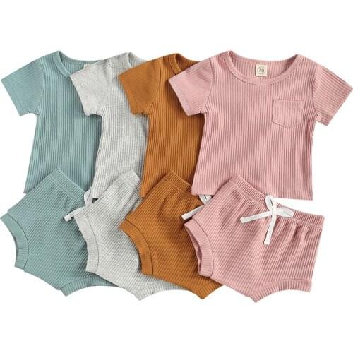 0-36M Newborn Infant Baby Girls Knitted Cotton Clothes Set Soft Short Sleeve T shirt Shorts Summer Solid Color Outfits
