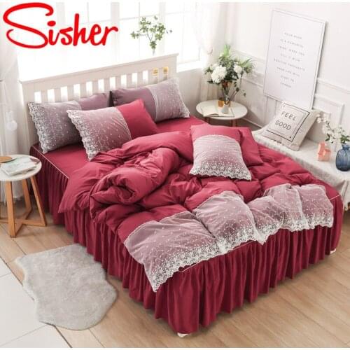 Floral Lace Duvet Cover Set Modern Princess Cute King Size Bedding Sets with Flat Bed Sheet Linen Queen Bedclothes Qulit Covers