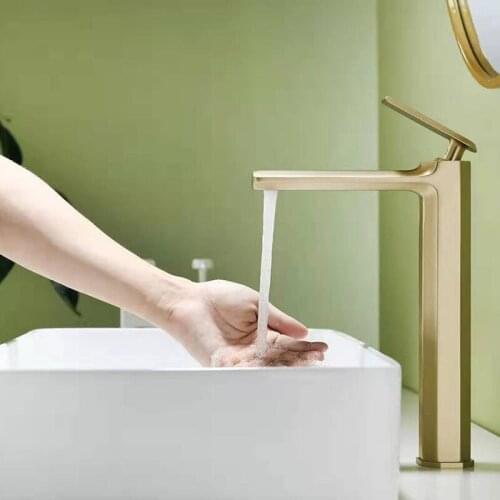 Bathroom Solid Brass Basin Faucet Hot & Cold Sink Mixer Tap Brushed Gold Single Lever Deck Mounted Luxury Unique Design Tap