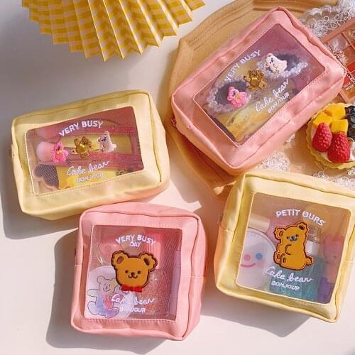 Kawaii Bear Pencil Case For Girl Clear Mesh Large Capacity Pen Bags Zipper Makeup Storage Bag 2021 School Stationary