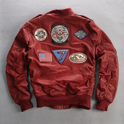 Fly flight plant tranned goatskin badge pilot bomber red genuine leather jacket coat men XXXL