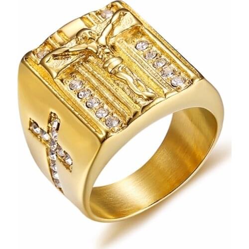 Prayer Jesus Cross White Cubic Zirconia Rings for Men Gold Tone Stainless Steel Crucifix CZ Band Male Jewelry