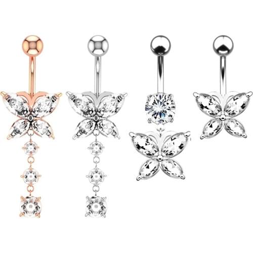 New Butterfly Zircon Belly Button Rings Fashion Surgical Steel Bar Barbell Drop Dangle Navel Rings Belly Piercing Body Jewelry