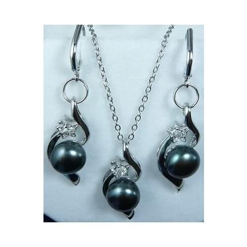 New Style Hot sale Beautiful black natural pearl necklace earring set Fashion Wedding Party Jewellery