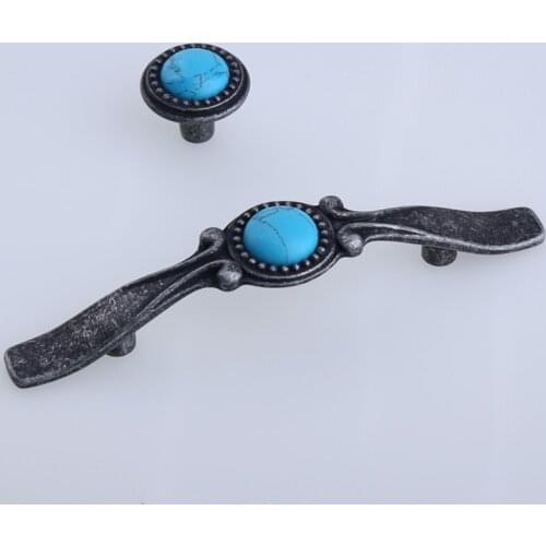 Single hole, 76mm blue natural gem American style drawer tv cabinet knobs pulls 3" antique iron kitchen cabinet cupboard handles