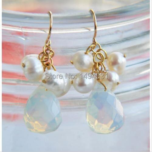 Wholesale Jewelry 6-17MM Milky White Drip Faceted Opal White Round Pearl Dangle Earrings - New Free Shipping - XZN2