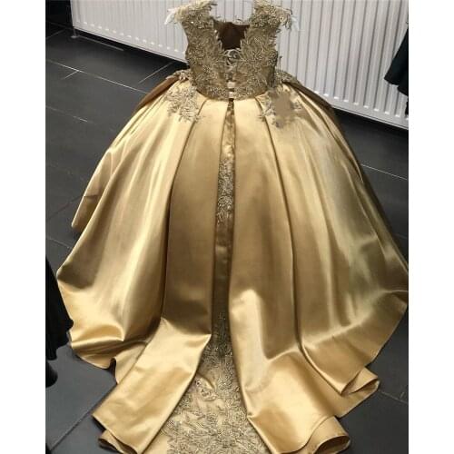Gold Flower Girl Dresses Appliques Custom Made Ball Gown First Communion Dresses for Girls Elegant Hot Sale