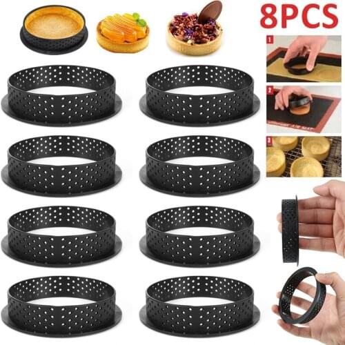 Durable 8Pcs Mousse Circle Mold Cakes Bread Cookies Making Non Stick Mould Heat-Resistant Bakeware Perforated Baking Tools