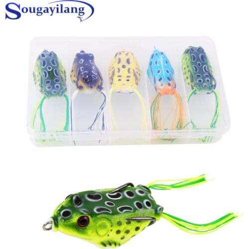 Sougayilang 5 Pcs/box Frog Lure with Plastic Box 4 Colors Soft Fishing Lure Topwater Simulation Snakehead Frog Artificial Bait