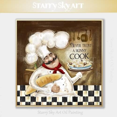 Funny Wall Art Hand-painted Chef Cooking Oil Painting on Canvas Hand-painted Funny Cook Painting for Restaurant Kitchen Decor