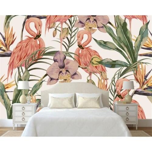 Modern fashion classic wallpaper simple hand painted tropical rain forest flamingo wallpaper murals background Beibehang