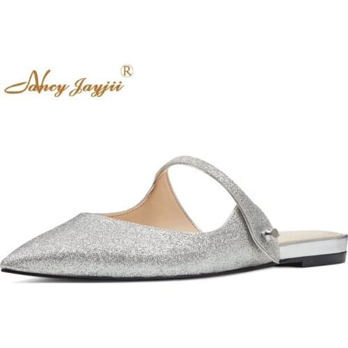 Sliver&Gold Pointed Toe Wedding Marriage Shoes Woman Sequined Cloth Slip On Flats For Ladies Slides Large Size 11 14 Sweet 2019