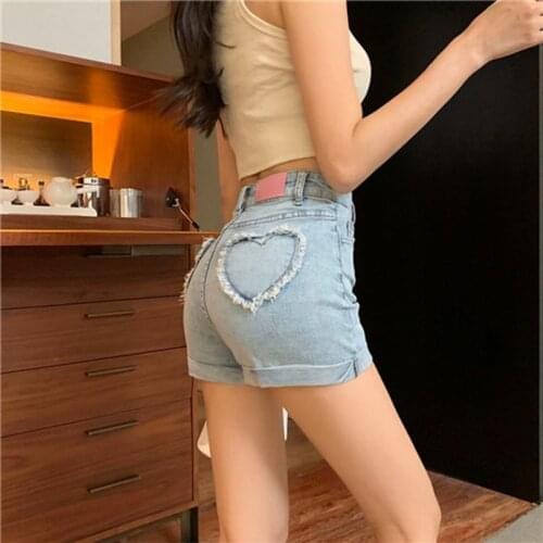Womens New Denim Shorts High Elasticity Heart-shaped Hips High Waist Summer Flanging Straight Hot Pants High Waist Shorts