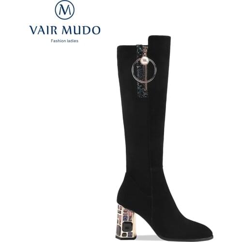 VAIR MUDO Women High Heels Knee-High Boots Black Modern Boots Concise Footwear Shoes Women Boots Genuine Leather Shoes WM-X260-C