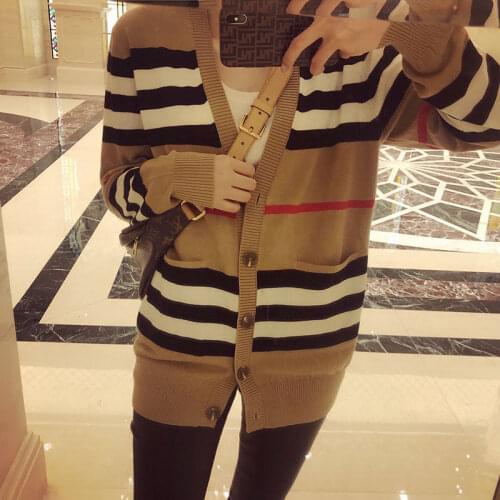 Spring Autumn Womens Khaki Striped Cashmere Knitted Long Sweaters Female Elegant Single Breasted Loose Casual Cardigans Jackets
