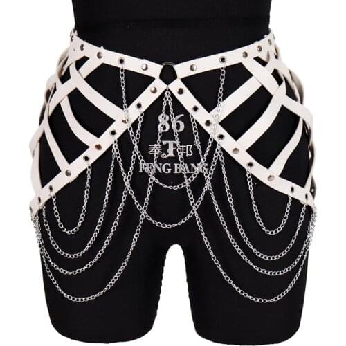 White Skirt Leather Harness Chain Metal Waist Belt Punk Goth Sexy Lingerie Dress Hollow Out Suspender Body Harajuku Dance Rave