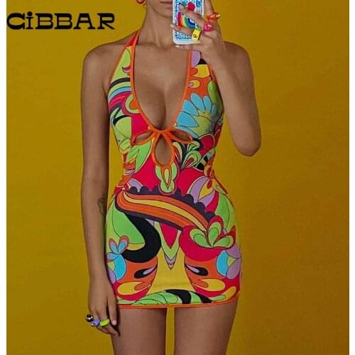 CIBBAR Skinny Print Halter Mini Dress Women Summer Hollow Out Sleeveless Bodycon Dresses Hipster Backless Sexy Streetwear 2021