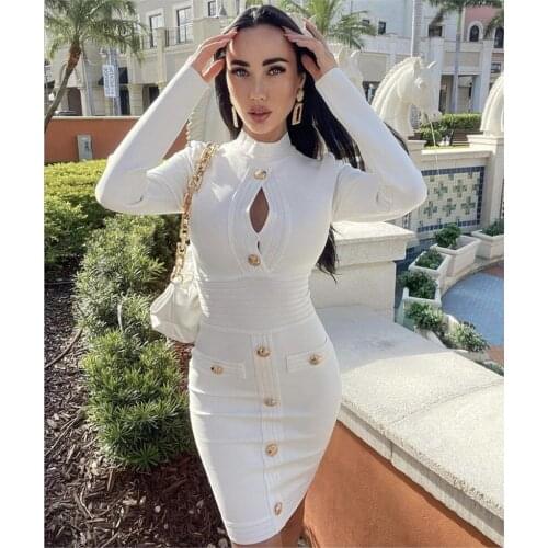 Women Spring Sexy Long Sleeve Key Hole Button White Mini Bodycon Bandage Dress 2021 Elegant Evening Party Dress Vestidos