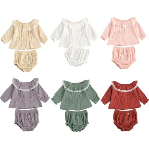 Sweet 0-24M Infant Baby Girl Clothing Cotton Linen 2pcs Spring Flower Lace Ruffle Collar Long Sleeve Top+Triangle Shorts
