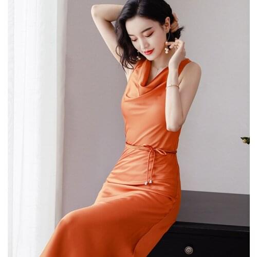 2021Summer Long Satin waistband Sleeveless Dress Women Italian Banquet Dress Elegant Fashion Retro Silk Vest Dress
