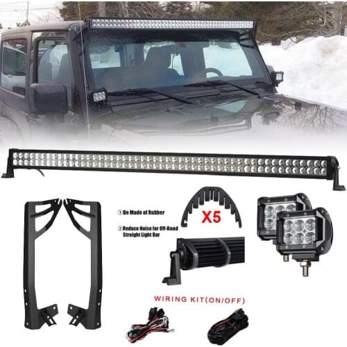 300W 52'' LED Light Bar + 4'' 18W LED Light Bar +Windshield & A-Pillar Mounting Brackets Kit for Off Road Jeep Wrangler JK 07-15