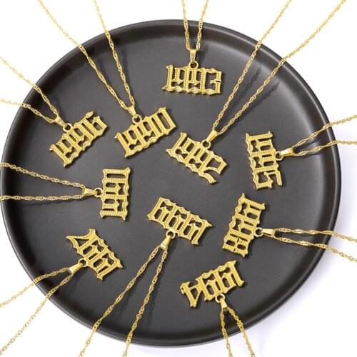 Old English Birth Year Necklaces For Women Men Gold Stainless Steel Chain Male Female Pendant Necklace Jewelry Collier Femme