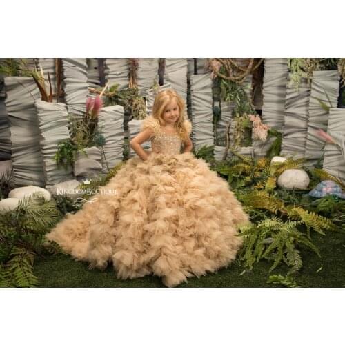 2021 Feather Ball Gown Flower Girl Dresses For Wedding Beaded Lace Tiered Ruffles Toddler Girls Pageant Dress Kids Formal Wear