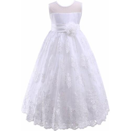 White Wedding Princess Dress Girl 2021 Children Outfit Layered Tulle Flower Lace and belt Size 6 7 8 9 10 11 Years Old