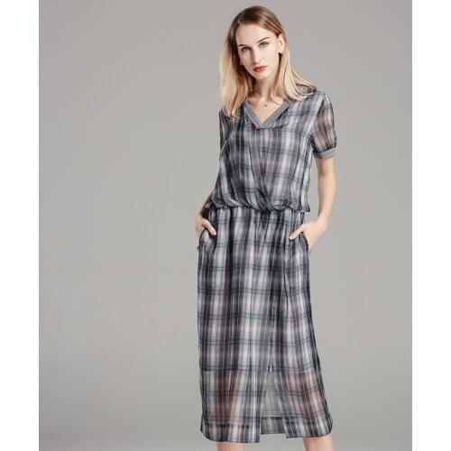 White Grey Retro Plaid Silk Dresses Women Fashion 2021 Summer Long Casual Sexy Office Work Daily Dress Plus Size Slim Fit A Line