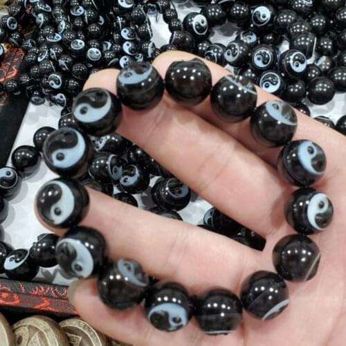 Natural black agate bracelet jade bracelets bangles the eight trigrams Pharmacist 18mm round beads jade jewelry 12mm