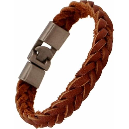 Handmade Punk Casual Retro Brown Cowhide Woven Charm Cuff Male Genuine Leather Bracelets Men Women Wholesale Jewelry