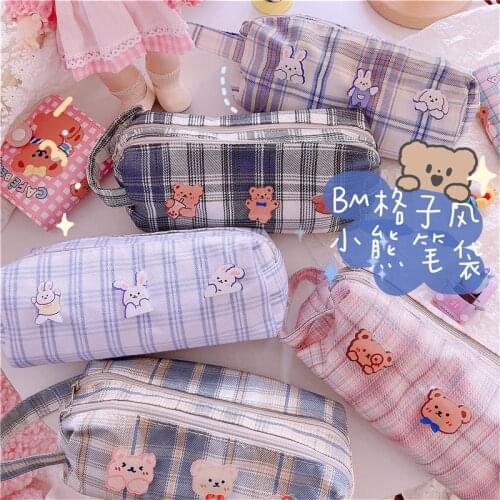 Colorful Bear Pencil Bag Retro Pencil Case Stationery Storage Pouch Bag Makeup Brush Bag Vintage Plaid Big Cosmetic Bag Canvas