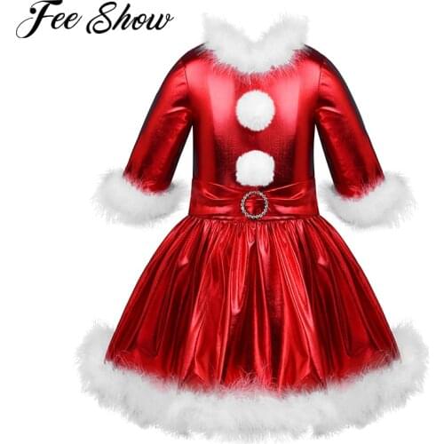 Kids Girls Christmas Clothes Shiny Metallic Long Sleeves Dress For Girl Dance Wear Figure Ice Skating Costume Christmas Dress