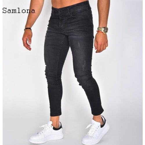 Samlona Jeans Mens Fashion Skinny Denim Pant Male 2020 Slim Fitted Pants Streetwear Pencil Denim Jeans Black Punk Style Trousers