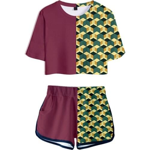 2021 Anime Demon Slayer Cosplay Costume Two Piece Set For Women Men Kimetsu No Yaiba Print Fashion Short Top And Pants Set