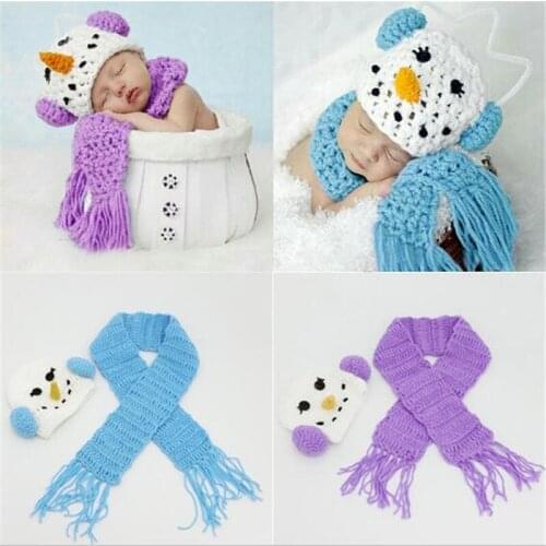 Cute Hat+Scarf Set Crochet Newborn Photography Outfit Baby Boy Girl Photo Props Christmas Clothes Knitted Snowman Style Baby Hat