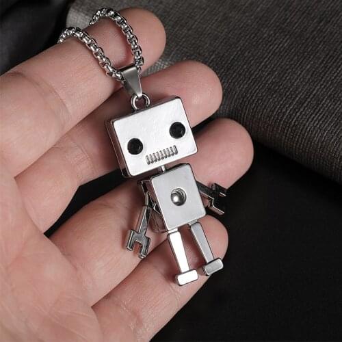 Cute Robot Pendant Stainless Steel Necklace for Men Women Black Zircon Long Chain Punk Hip Hop Jewelry Girl Accessories Gift