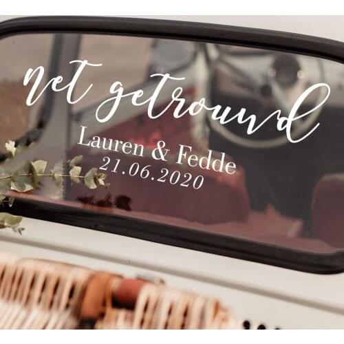 Net getrouwd Decals Dutch Wedding Car Decoration Bruiloft Sticker Custom Names Date Removable Vinyl Stickers for Wedding G722