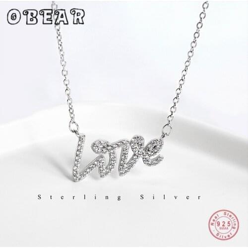 OBEAR 100% 925 Sterling Silver Letter LOVE Pendants Cubic Zirconia Necklaces For Women Jewelry Gift
