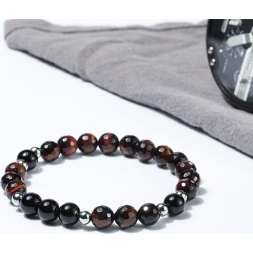 Wholesale Natural Red tiger eye stone and black onyx Bracelets mens stainless steel bracelet jewelry 50pcs/lot+free shipping