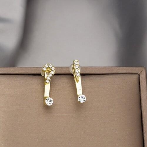 Origin Summer Korean Statement Asymmetry Question Mark Dangle Earrings for Women Gold Color Rhinestones Metal Earrings Jewelry