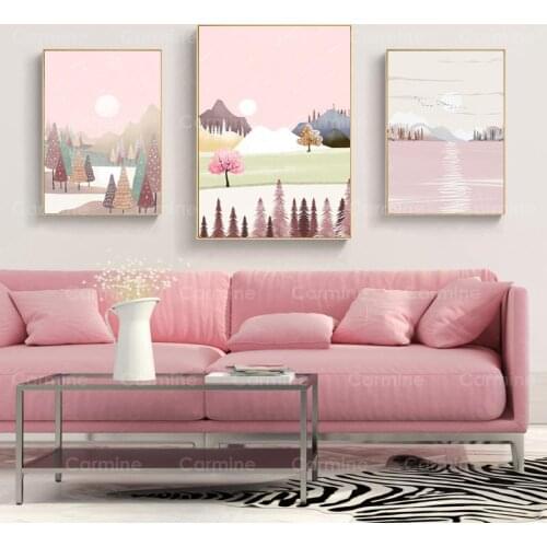 Pink Sky Poster Nordic Landscape Print Lake Sun Mountain Tree Wall Art Canvas Painting Wall Pictures Living Room Decor Frameless