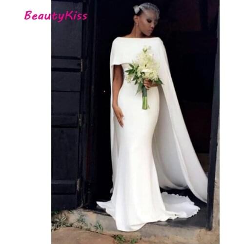 Simple Mermaid Wedding Dresses with Cape 2021 Elegant Bateau Bridal Gowns Cheap White Bridal Party Dress