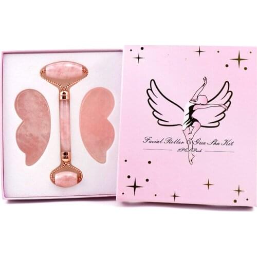 Pink Crystal Jade Roller Gua Sha Board Set Face Neck Beauty Meridian Massager Pink Crystal Roller Butterfly Wing Gua Sha Board
