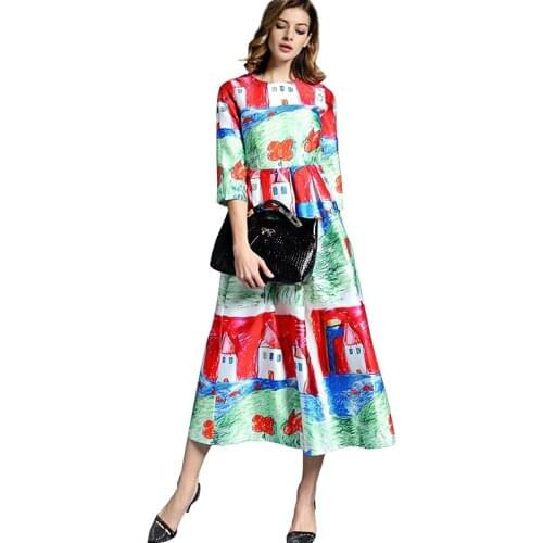 S-Xxl High Quality 2018 Summer Autumn Runway New Fashion Hand-Painted Comic Print Dress Womens Clothing Free Shipping