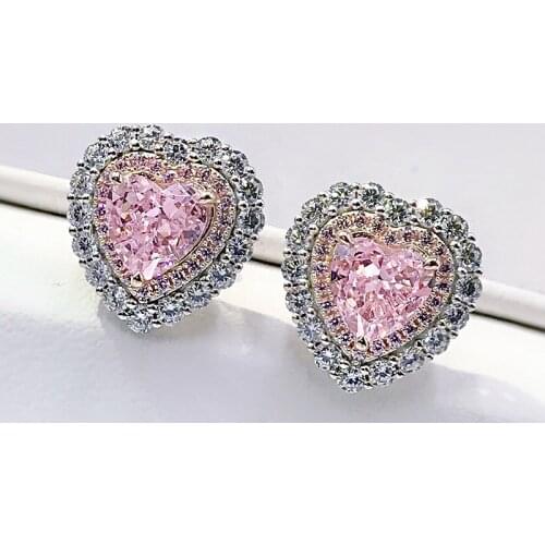 Trendy 925 Sterling Silver Heart Cut Pink Sapphire Citrine Created Moissanite Wedding Engagement Studs Earrings Fine Jewelry